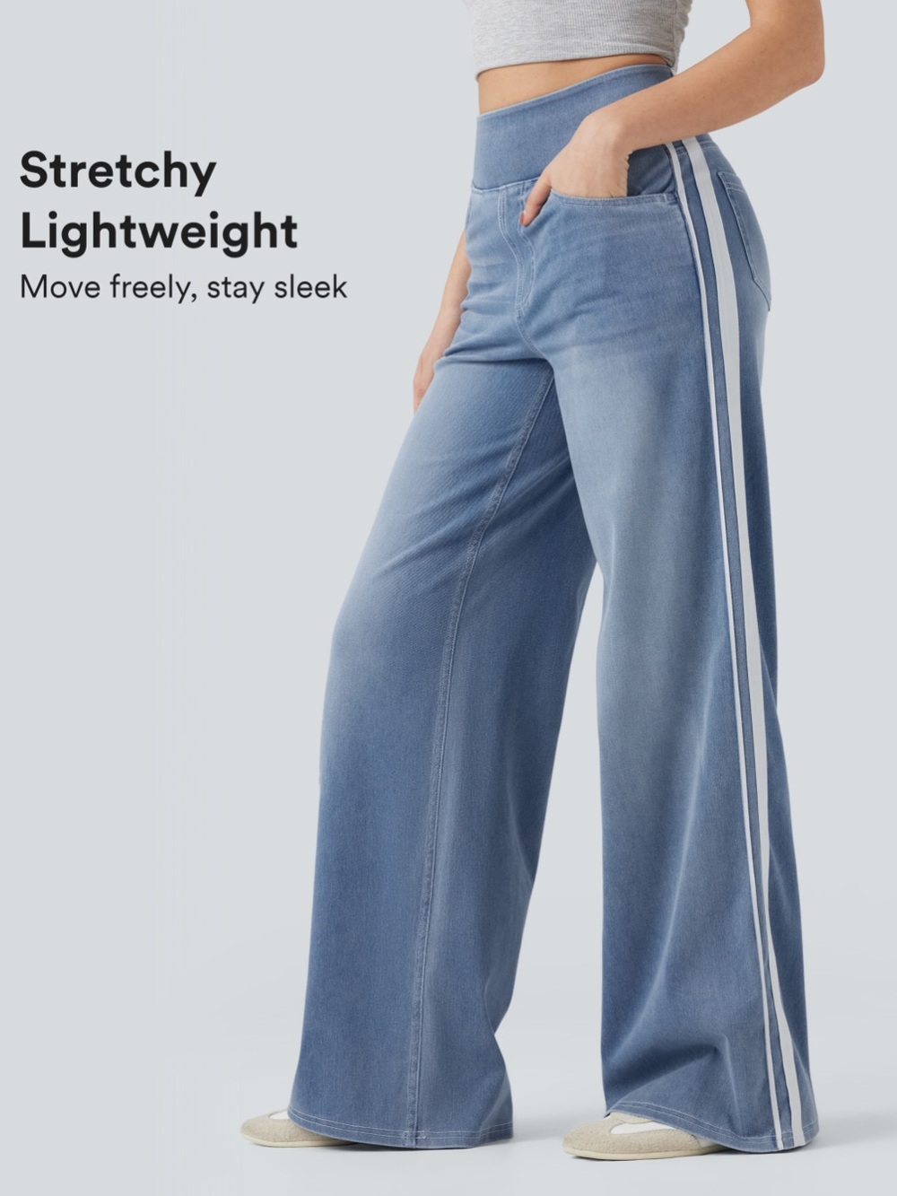 HALARA Light Blue Wide Leg Flare Jeans with White Side Stripes